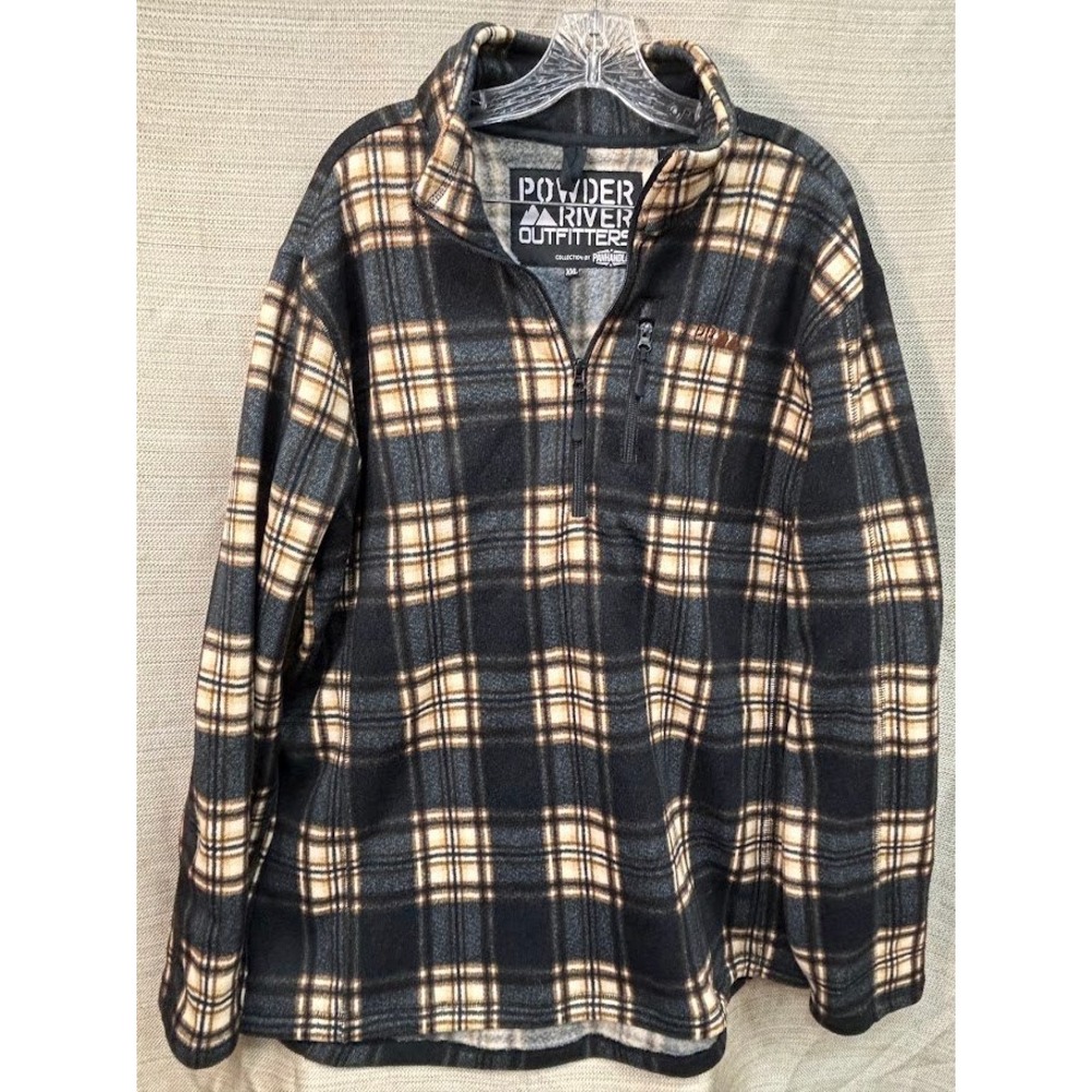Powder River Outfitters Mens XXL Plaid Fleece Quarter Zip Pullover Black Tan